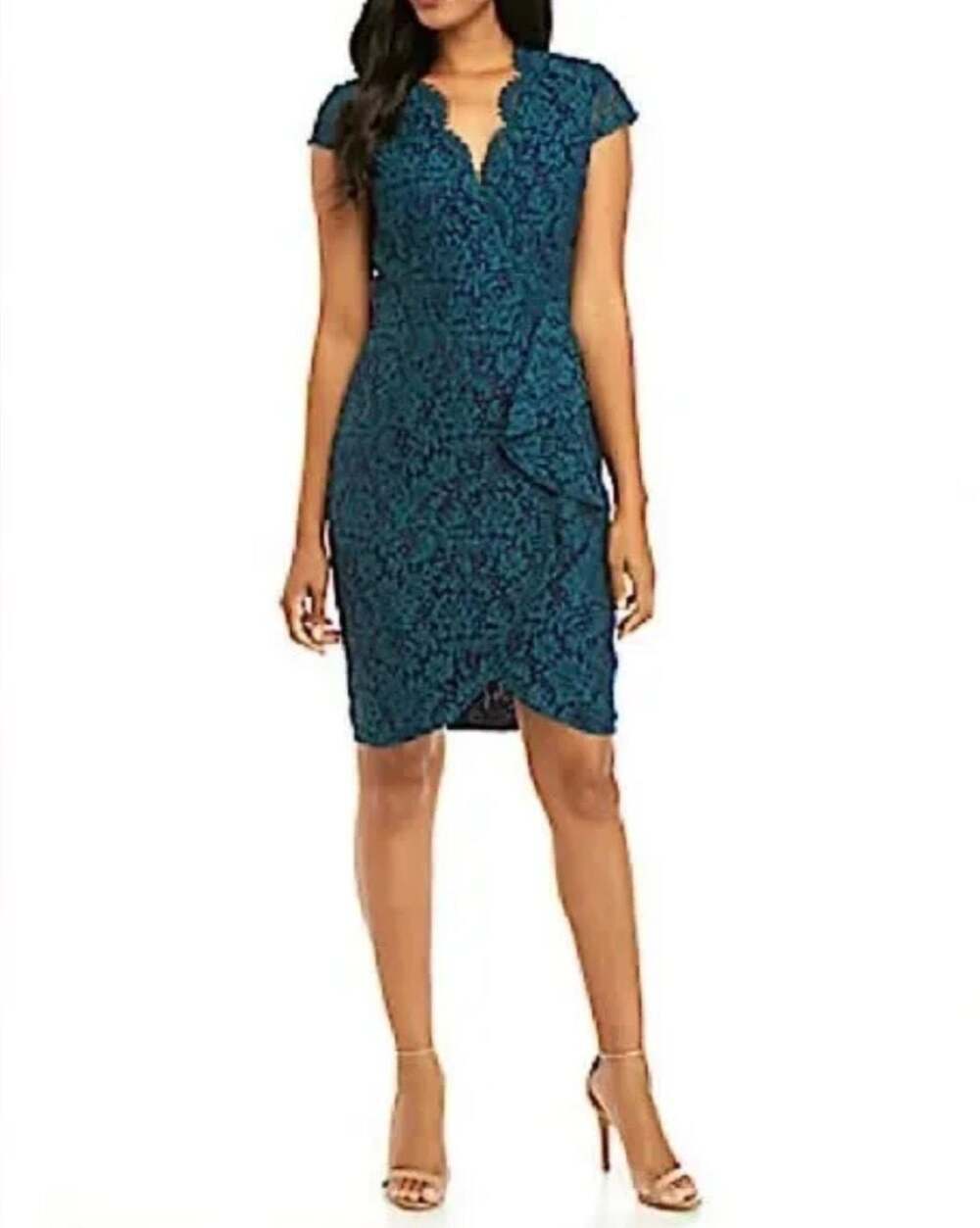 Vince Camuto NWT Lace Sheath Dress Size 4 Teal Navy Cap Sleeve Cocktail Wedding